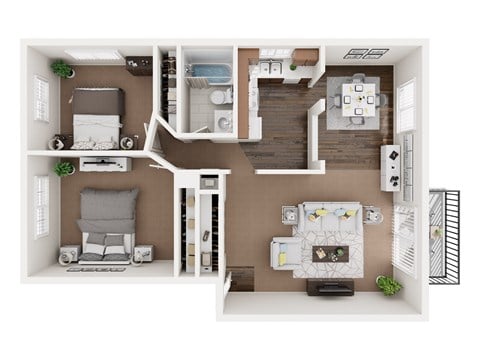 A top-down view of a small apartment layout with a kitchen, living room, and bathroom.